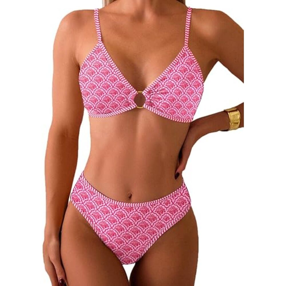 NWT Tainehs Bikini O Ring Front Top Ditsy Floral Triangle Swimsuits Cheeky